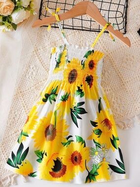 Sunflower Print Yellow Sundress for Girls - Smocked Bodice